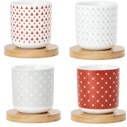 4 gobelets avec sous tasses en bois rouge et blanc^Gifi Online