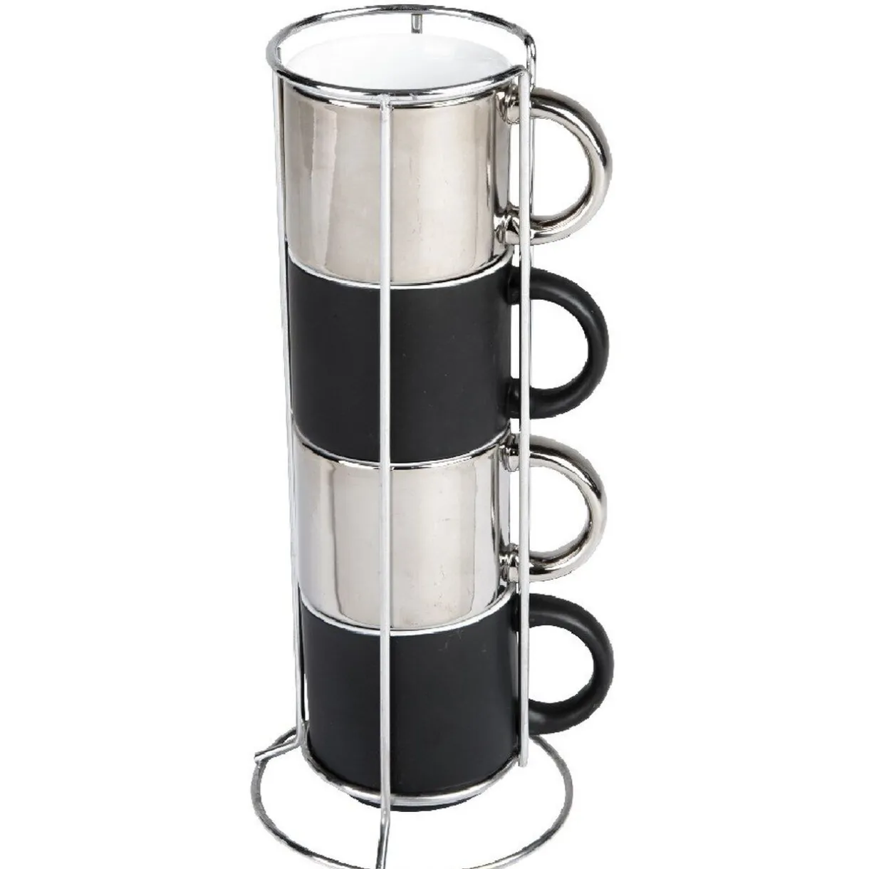 4 tasses en céramique noir et argent avec support metallique h30^Gifi Clearance