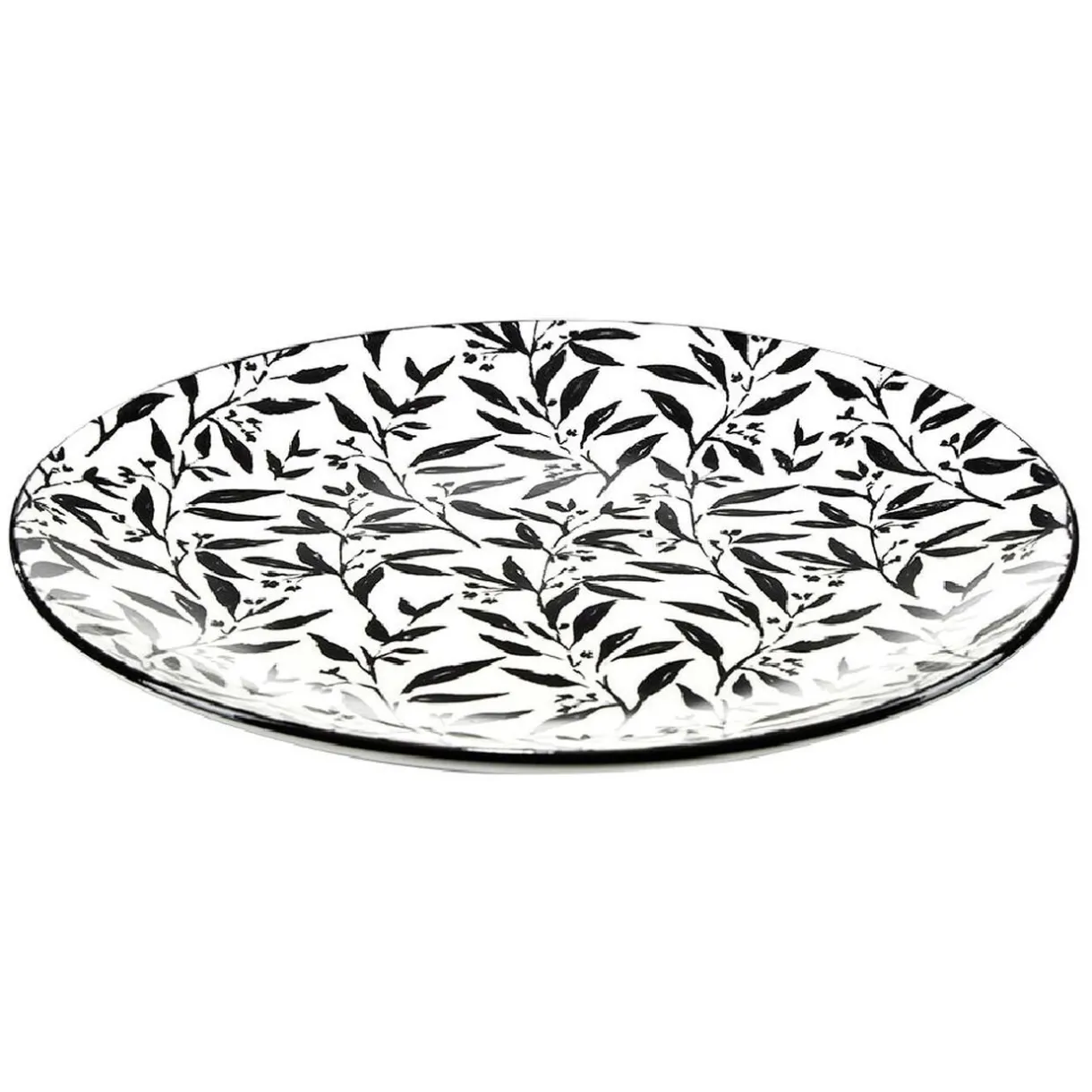 Assiette à dessert porcelaine motif feuillage noir blanc Ø19xH2cm^Gifi