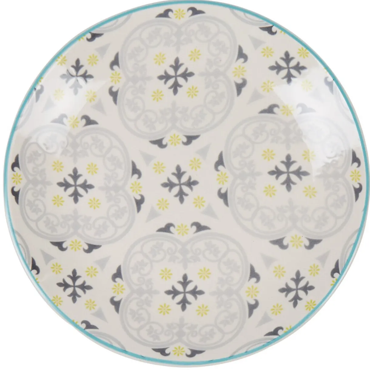 Assiette à dessert ronde beige à motif gris et jaune^Gifi New