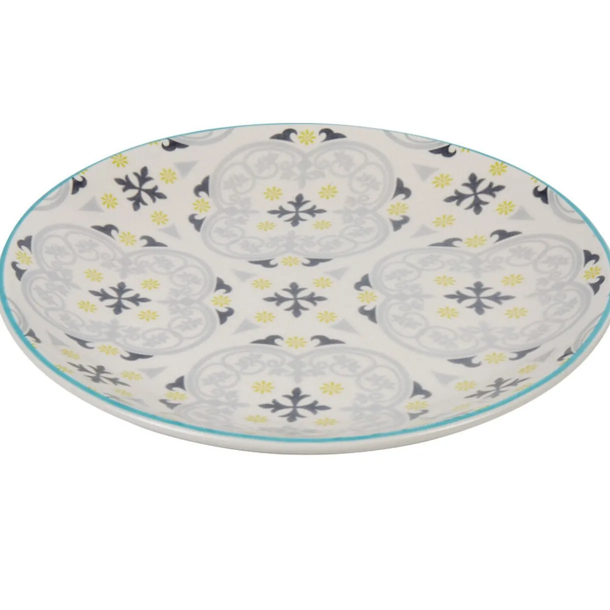 Assiette à dessert ronde beige à motif gris et jaune^Gifi New