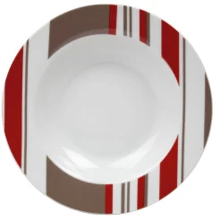Assiette creuse porcelaine rayures taupe rouge blanc^Gifi New