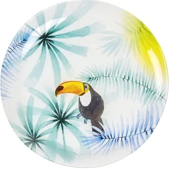 Assiette plate ronde en verre motif toucan exotique^Gifi