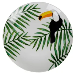 Assiette plate ronde motif feuillage toucan jungle tropical^Gifi New