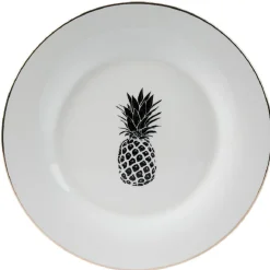 Assiette plate ronde porcelaine blanc style tropical ananas^Gifi Hot