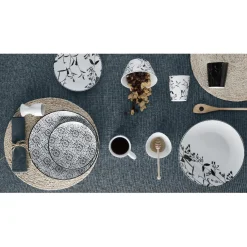 Assiette ronde blanche décor tiges feuilles noires^Gifi Clearance
