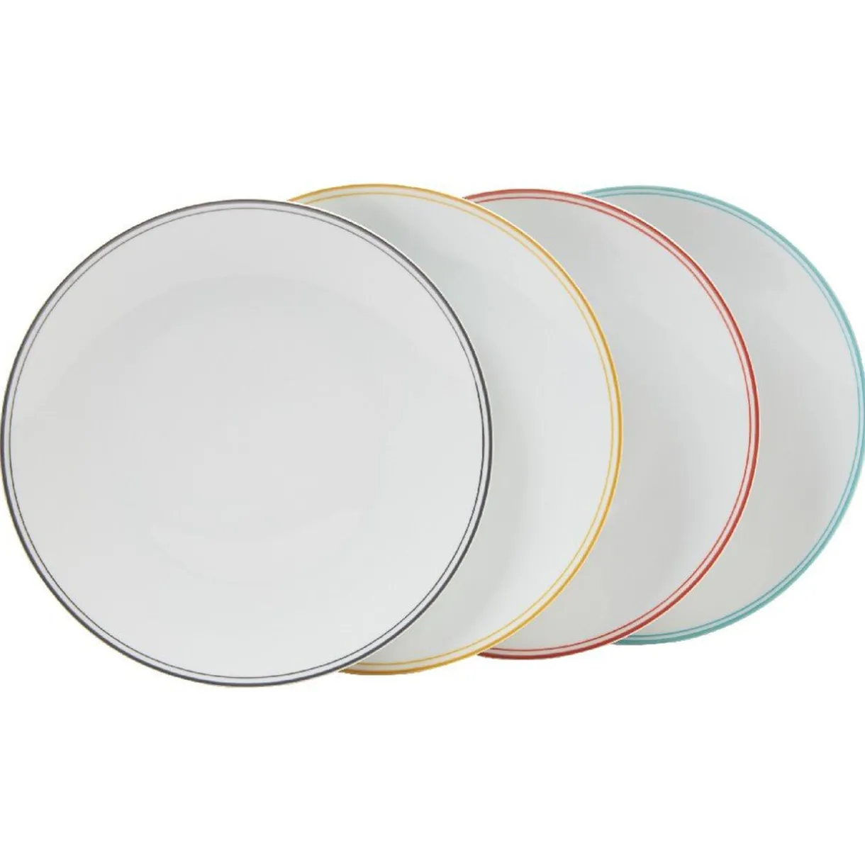 Assiette ronde plate porcelaine blanc avec bord coloré x4^Gifi Outlet