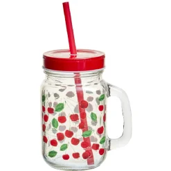 Bocal à anse avec paille décor cerise^Gifi New