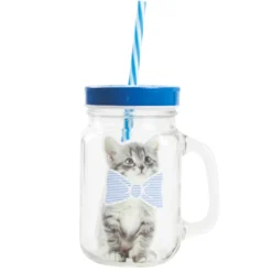Bocal à paille avec anse et couvercle motif chat bleu et blanc^Gifi Online
