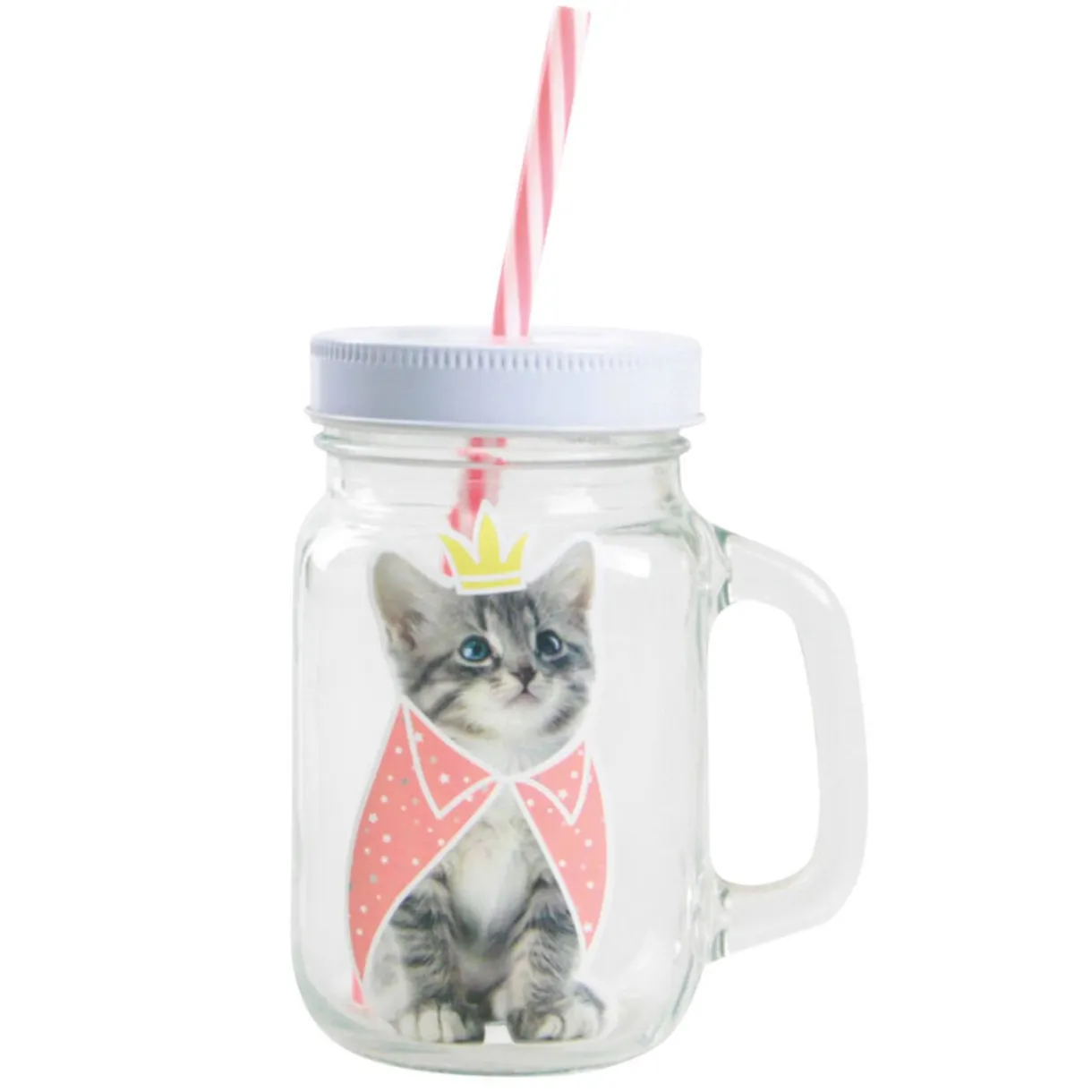 Bocal à paille avec anse et couvercle motif chat rose et blanc^Gifi Hot