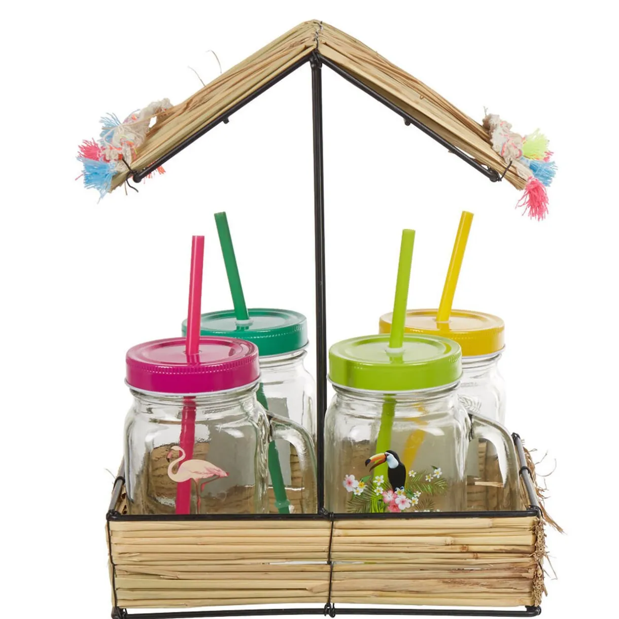 Bocal à paille et couvercle style tropical avec support x4^Gifi