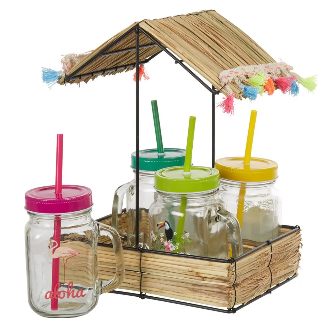 Bocal à paille et couvercle style tropical avec support x4^Gifi