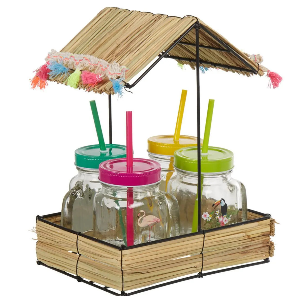 Bocal à paille et couvercle style tropical avec support x4^Gifi