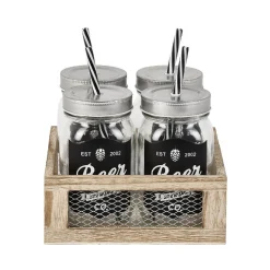 Bocal à paille x4 ardoise et support en bois^Gifi