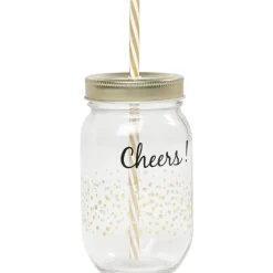 Bocal paille pois doré couvercle doré "Cheers"^Gifi Online