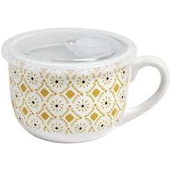 Bol jumbo blanc à motif ethnique jaune et noir couvercle transparent^Gifi New