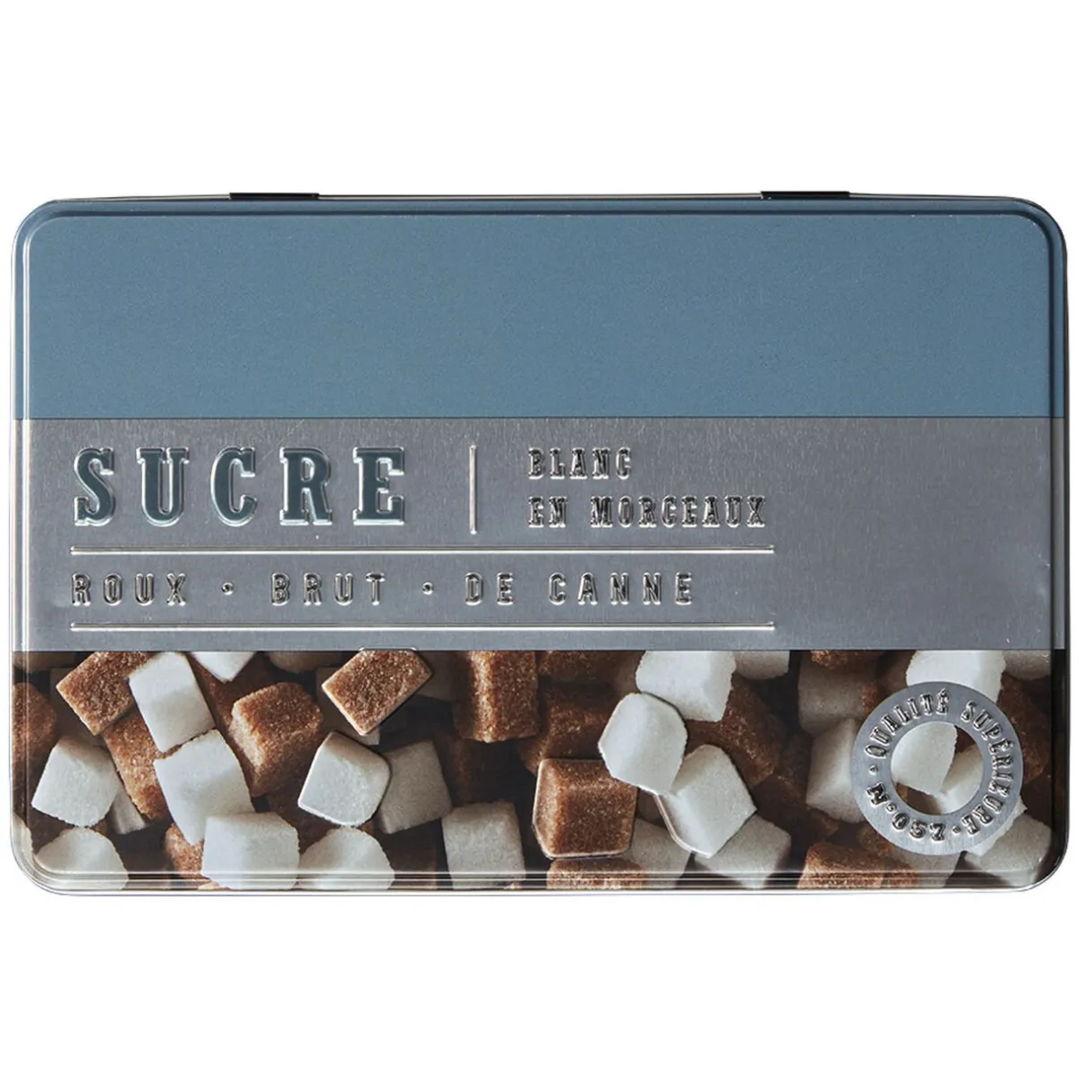 Boîte à sucre rectangulaire en métal décorée bleu gris^Gifi New