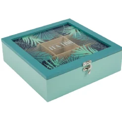 Boîte à thé carrée vert d'eau et décor tropical tea time^Gifi Sale