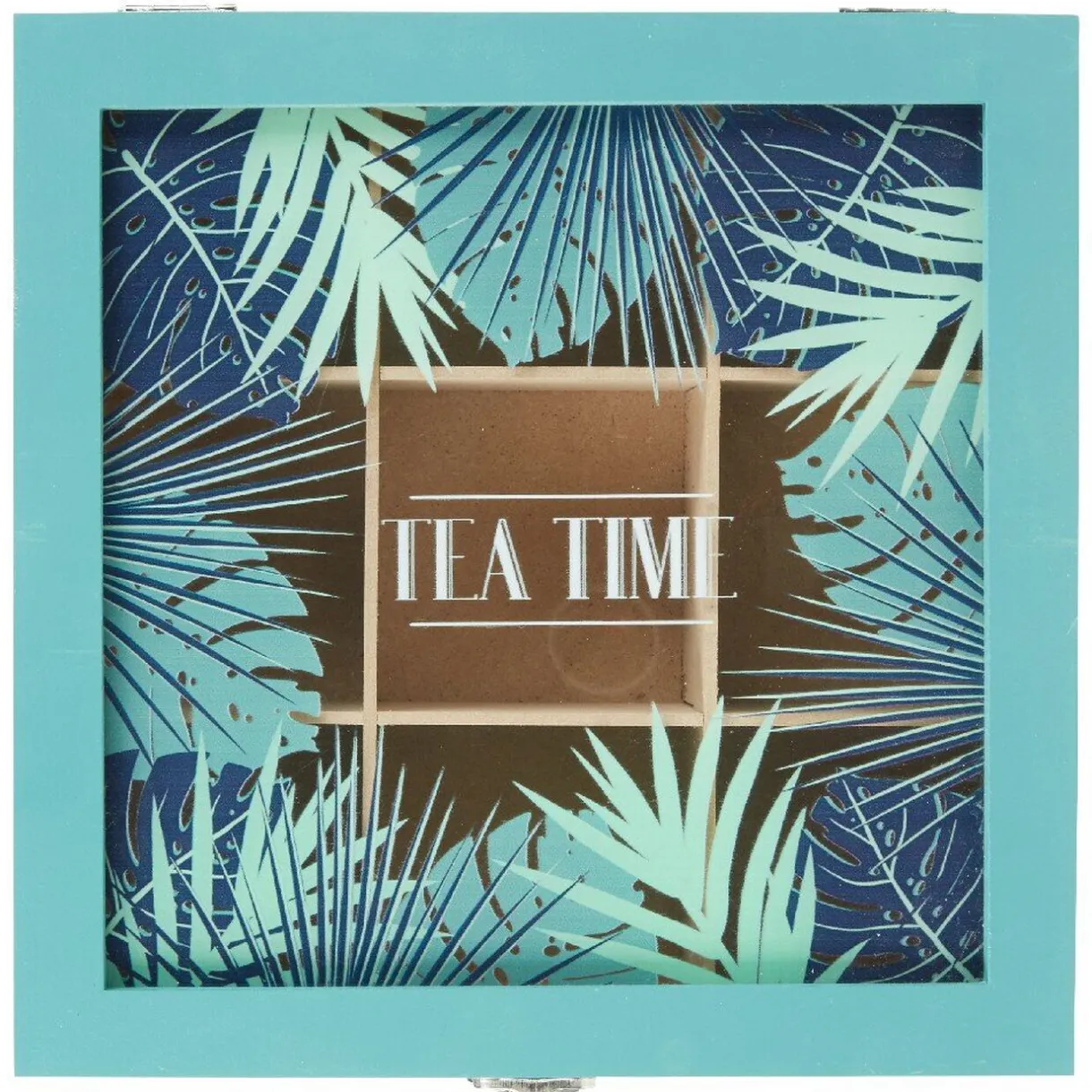 Boîte à thé carrée vert d'eau et décor tropical tea time^Gifi Sale