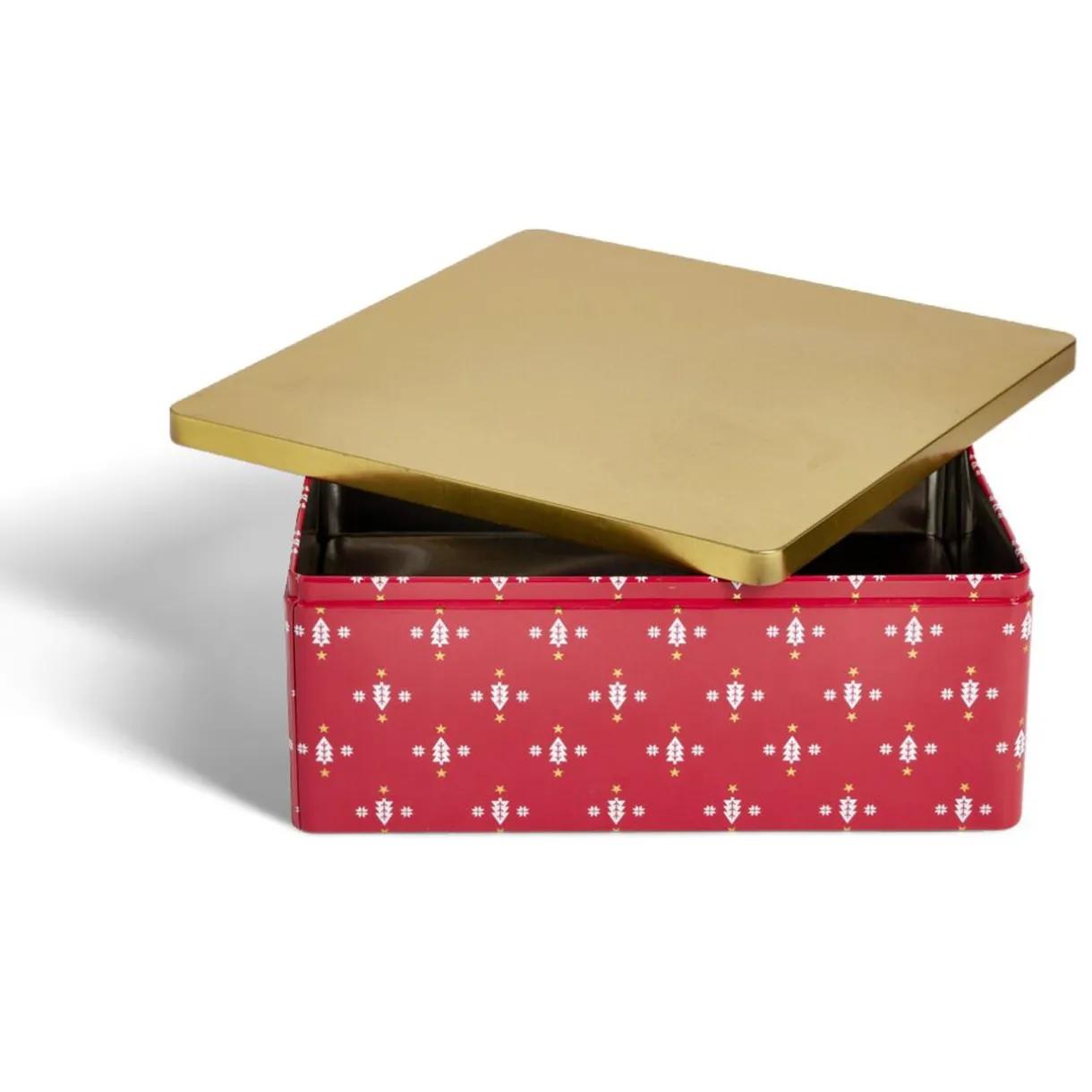 Boîte alimentaire carrée motif Noël métal rouge et dorée 26x26xH10cm^Gifi Online
