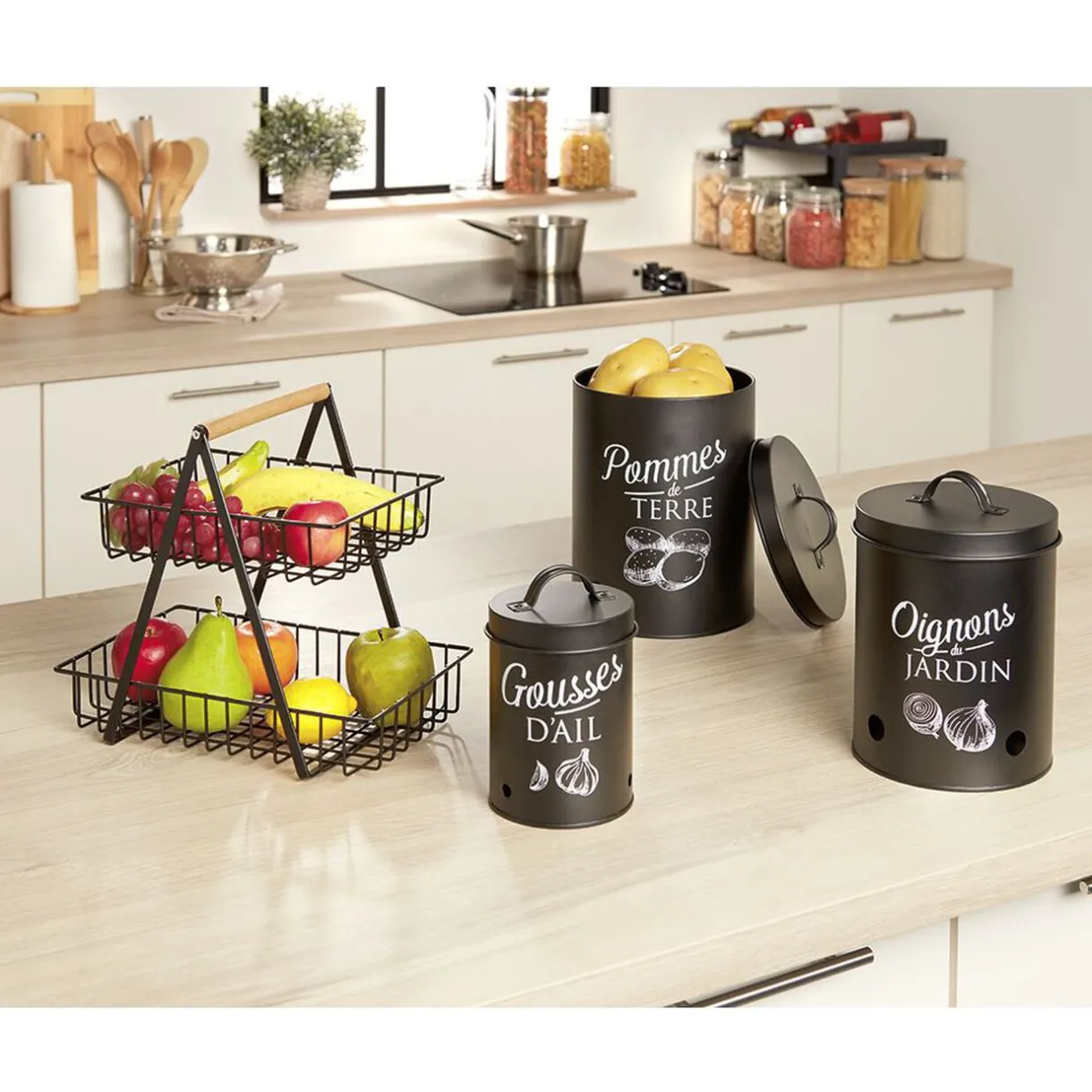 Boîte de conservation métal noir pour oignon^Gifi New