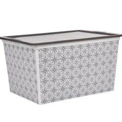 Rangement|Gifi Boîte de rangement bohème blanc gris et couvercle gris 50 L