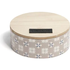 Rangement|Gifi Boîte ronde bois et carreaux de ciment gris et blanc