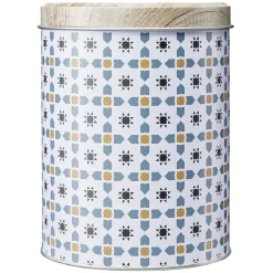 Boîte ronde en métal décor carreau de ciment avec couvercle effet bois^Gifi Hot