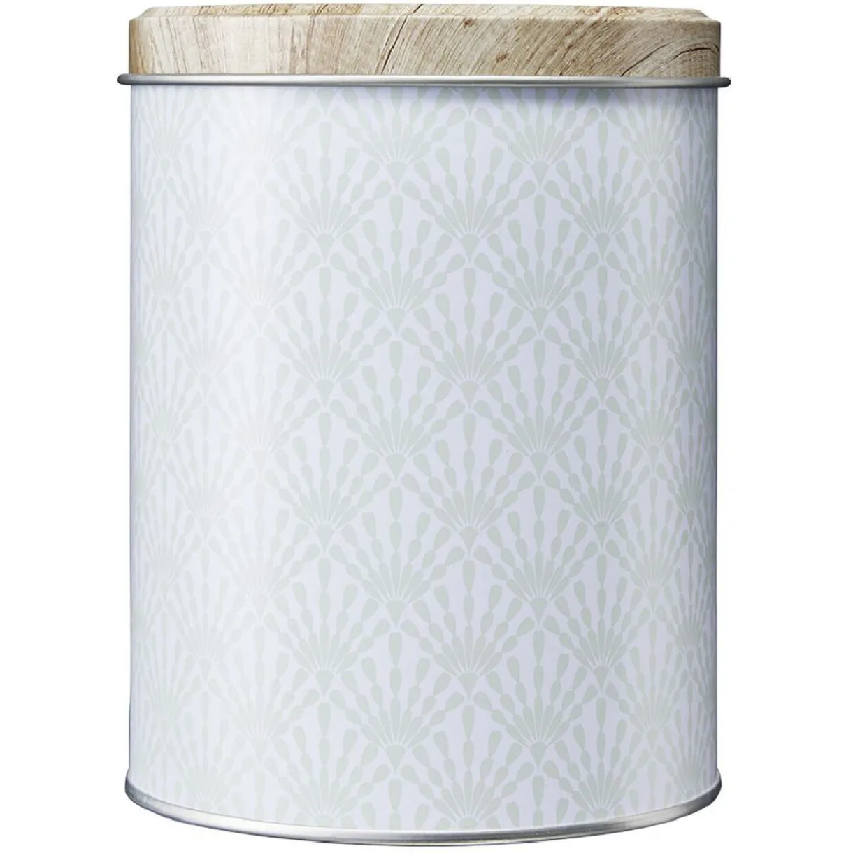 Boîte ronde en métal imprimé gris avec couvercle effet bois^Gifi Outlet