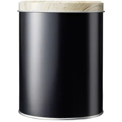 Boîte ronde en métal noir avec couvercle effet bois^Gifi Online