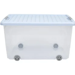 Rangement|Gifi Box de rangement à roulettes transparent bleu 50L