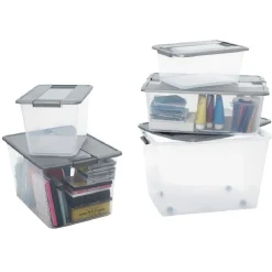 Rangement|Gifi Box de rangement A4 transparente couvercle gris poignées clips 18 L