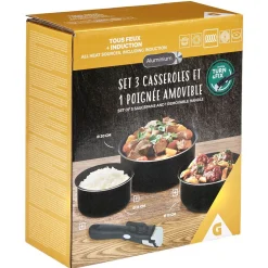 Casserole aluminium noir x3 avec poignée amovible x1^Gifi Outlet