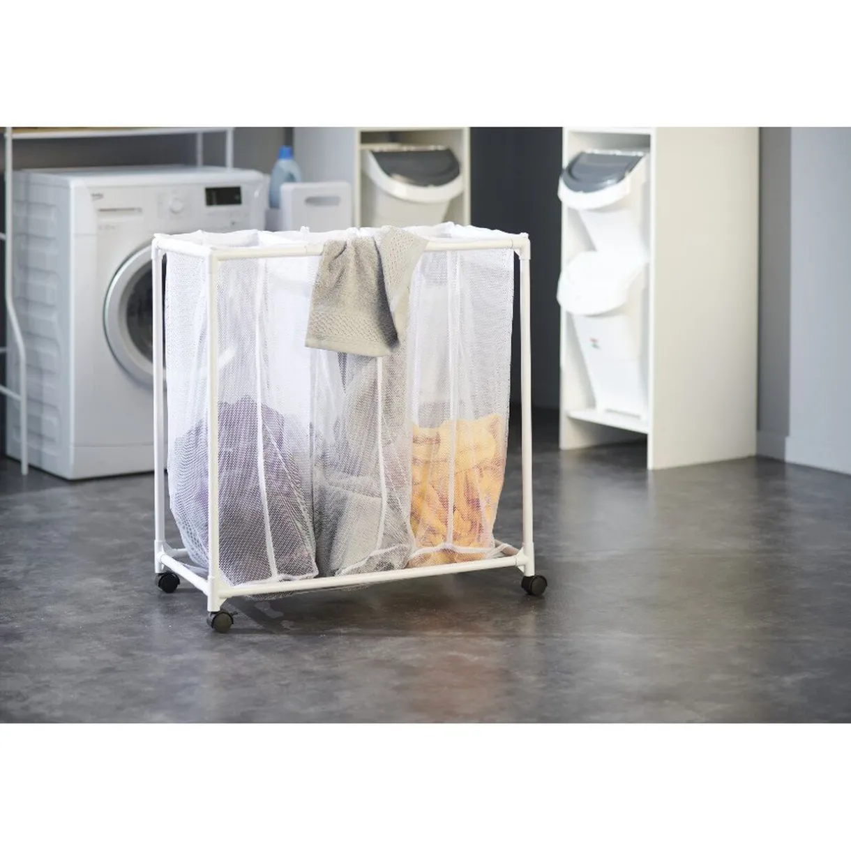 Entretien Du Linge|Gifi Chariot buanderie sur roulettes 3 filets blancs
