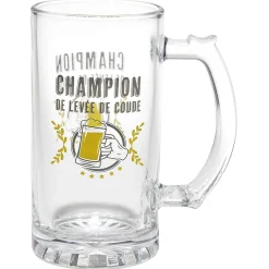 Chope à bière verre transparent inscription Champion de levée de coude^Gifi New