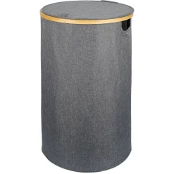 Entretien Du Linge|Gifi Coffre à linge rond 75L bambou et polyester gris