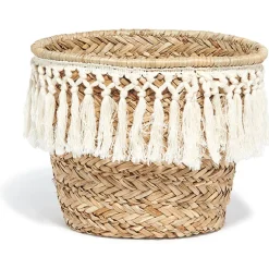Rangement|Gifi Corbeille ronde en jonc déco pompon naturel blanc