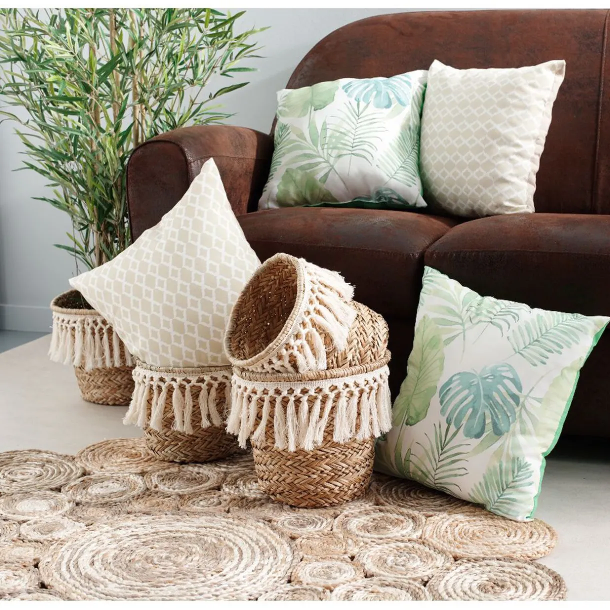 Rangement|Gifi Corbeille ronde en jonc déco pompon naturel blanc