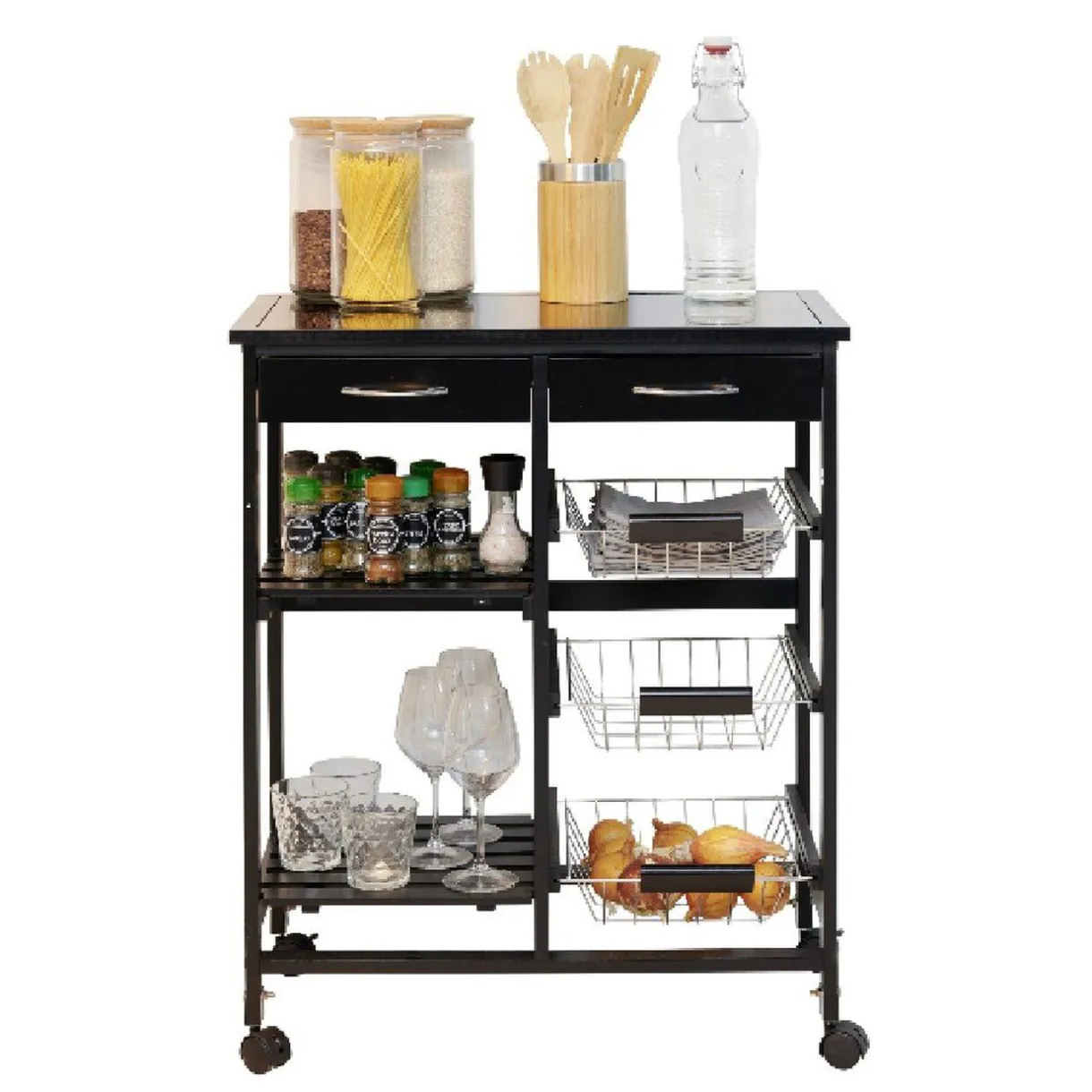 Desserte bistrot sur roulettes étagère panier tiroir bois métal noir^Gifi New