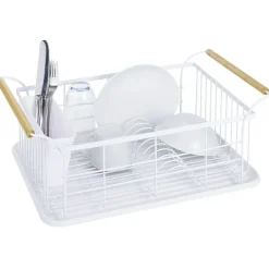 Egouttoir à vaisselle en métal blanc avec poignée en bambou^Gifi Sale