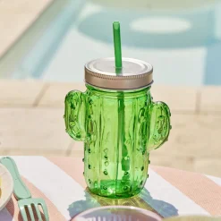 Gobelet en verre avec paille forme cactus ou fraise Ø10xH12,5cm^Gifi Clearance