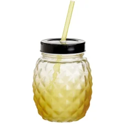 Gobelet en verre forme ananas avec paille et couvercle Ø9,5xH12,5cm^Gifi