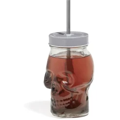 Gobelet en verre forme tête de mort avec paille et couvercle gris^Gifi Hot