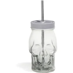 Gobelet en verre forme tête de mort avec paille et couvercle gris^Gifi Hot