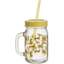 Gobelet en verre imprimé avec poignée paille et couvercle 480ml^Gifi New