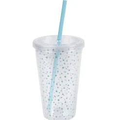 Gobelet plastique transparent couvercle et paille motif étoile bleu^Gifi Sale