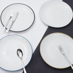 Lot de 4 assiettes plates rondes porcelaine blanche avec liseré coloré^Gifi Outlet