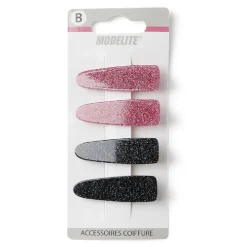 New Gifi Lot de 4 pinces à cheveux plates crocodile paillettes noir et rose