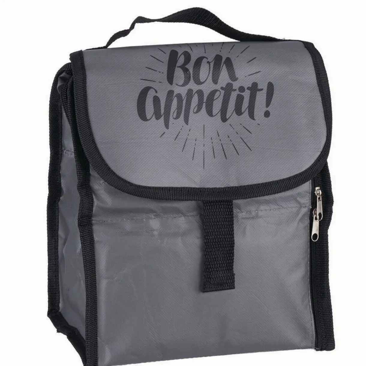 Lunch bag réfrigérant gris et noir inscription Bon Appétit !^Gifi Discount