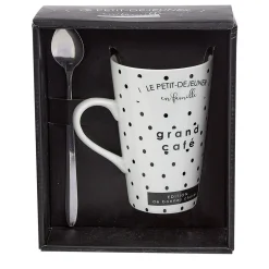 Mug porcelaine avec cuillère inox motif pois noir blanc 45 cl^Gifi Hot